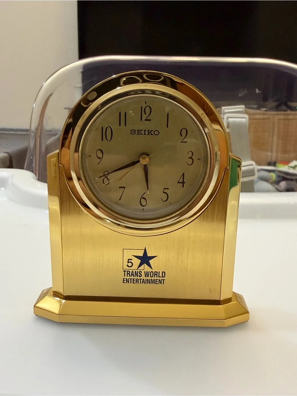 Vintage Seiko QHG202G Brass Desk Clock Trans World Entertainment 5 Yr Service